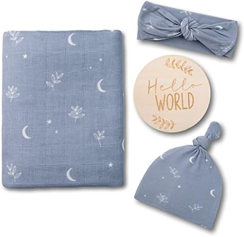Miaoberry 100% Organic Muslin Swaddle Set w Matching Hat/Bow| Moon Leaves in Haze Blue| Hospital Home-Coming Baby Announcement Blanket Gender Neutral for Boy n Girl - Image 6