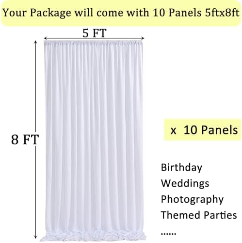 50ft x 8ft Wrinkle Free White Backdrop Curtains for Parties, 10 Panels 5ftx8ft Polyester Photo Backdrop Drapes for Weddings Birthday Photography Background Curtains - Image 5