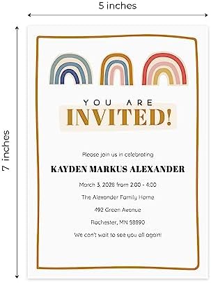 Canopy Street Personalized Modern Rainbow Invitations / 25 Custom All Occasion Invites With White Envelopes / 5" x 7" Flat DIY Boho Rainbow Birthday Baby Shower Party Invite/Made In The USA - Image 5