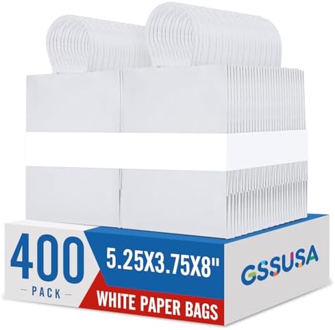 GSSUSA White Gift Bags 5.25x3.75x8 400Pcs, Paper Bags with Handles Bulk for Small Business by GSSUSA
