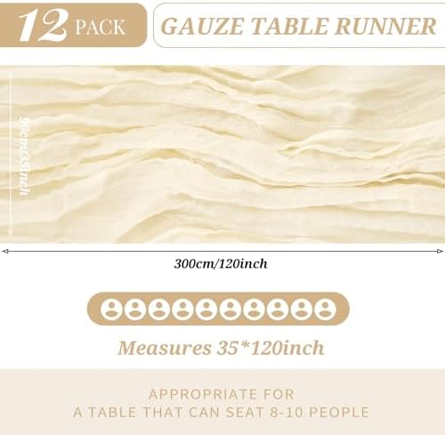 12 Pack Cheesecloth Table Runner 35 x 120 inch Long Boho Cheese Cloth Gauze Table Runners Cream Semi Sheer Table Runner for Wedding Decor, Bridal Shower, Birthday Party (Ivory) - Image 2