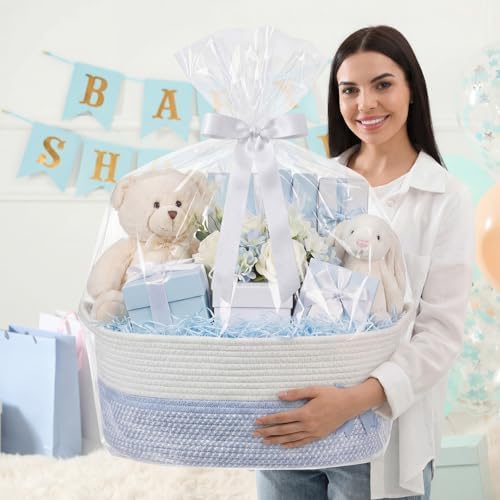 Colingmill Large Woven Gift Basket Empty 17”x13”x7.6” Jumbo Storage Basket with Gift Bag Ribbon and Tulle Gifts Card Paper Filler for Wedding DIY Baby Toy Baskets with Handles(Blue,Stripe) - Image 6
