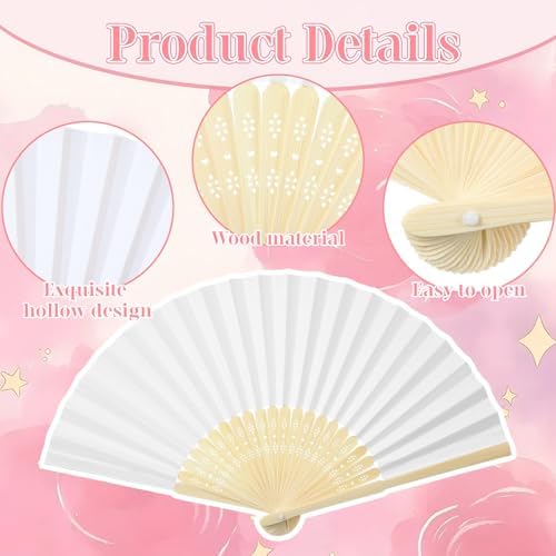 50 Sets Wedding Fan Favors for Guests, White Folding Hand Fans with Thank You Tags and Chiffon Ribbon, Wedding Guest Gifts for Bridal Shower, Baby Shower and Church Events(Pink,Flower) - Image 3