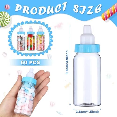 60 Pcs 4.5 Inch Baby Mini Milk Bottle Baby Shower Favor Fillable Feeding Bottle Candy Box Small Plastic Candy Container DIY Gift for Boy Girl Newborn Baptism Party Decor (Blue) - Image 2