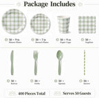 400 Pcs Sage Green Gingham Paper Plates and Napkins Set for 50, 9" Dinner Plates & 7" Dessert Plate, Tableware for Garden Birthday Party - Image 4