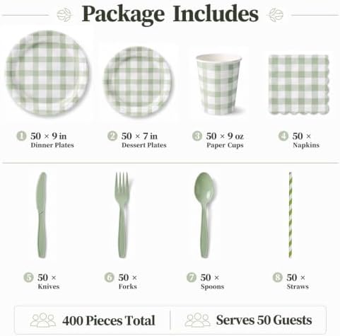 400 Pcs Sage Green Gingham Paper Plates and Napkins Set for 50, 9" Dinner Plates & 7" Dessert Plate, Tableware for Garden Birthday Party - Image 4