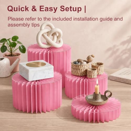iobiotio Foldable Cake Stand Set, Reusable Buffet Risers, 4 Pack Round Dessert Stands with Acrylic Tops, Cardborad Display Stands for Weddings, Birthdays, Baby Showers, Parties, Home Decor, Pink - Image 5
