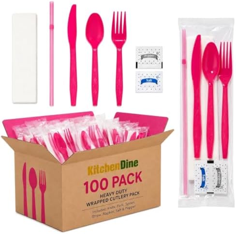 KitchenDine Pink Plastic Silverware Individually Wrapped — 100 Pack Heavy Duty Disposable Cutlery Set with Napkin, Fork, Knife, Spoon — Wrapped Utensils for Baby Shower, Birthday Party, Wedding, To Go by Unknown