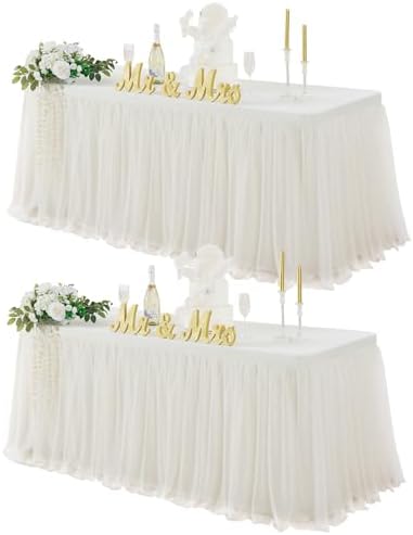 familus Ivory Table Cloths 8 Foot Rectangle 2 Pack Stretch Ruffle Tulle Tablecloth Spandex Fitted Table Cover for 8 Foot Tulle Table Skirts for Party Wedding Table Cloths, Banquets by familus
