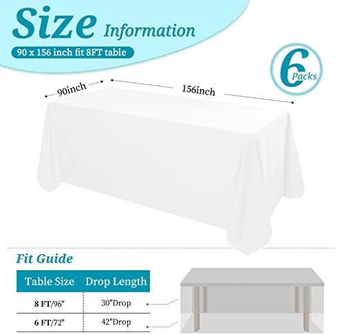 6 Pack Tablecloth 90 x 156 inch Polyester Table Cloth for 8 Foot Rectangle Tables,Stain and Wrinkle Resistant Washable Fabric Table Covers Polyester White Table Clothes for Wedding,Party,Banquet - Image 2