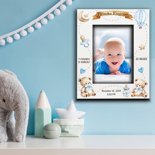 BELLA BUSTA-Personalize Baby Teddy Bear Birth Announcement Theme Picture Frame- Baby Shower, Birth Details Keepsake (Boy-Blue (5x7 Vertical)) - Image 2