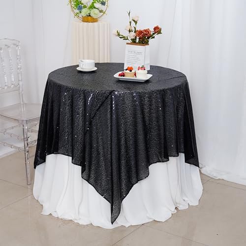 Poise3EHome Black Sequin Tablecloth 90×90 Inch Square Sequin Fabric Table Cover Overlay for Halloween Baby Shower Birthday Party Wedding Holiday Cake Table Decoration - Image 4