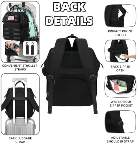 ROSEGIN Diaper Bag Backpack for Dad and Men, Large Travel Baby Bag with Changing Pad, Pacifier Case, Removable Flag Patch - Baby Shower Gifts - Shadow Black - Image 6