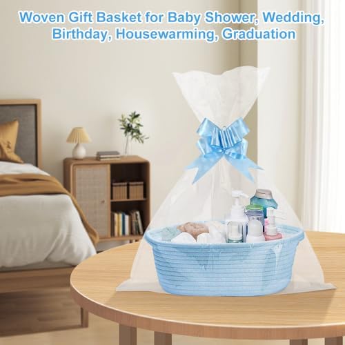 Gift Basket, Hamper Kit, Empty Hamper Basket with Cellophane Bags and Pull Bows, Rope Gift Baskets with Handles, Woven Gift Baskets for Baby Shower, Wedding, Birthday, Housewarming (Blue) - Image 3