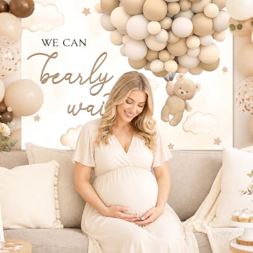 MEHOFOND 10x7ft Bear Baby Shower Backdrop We Can Bearly Wait Baby Shower Party Decorations for Boy Hot Airs Balloons Watercolors Clouds Stars Photography Background Newborn Photo Booth Props (Brown) - Image 3