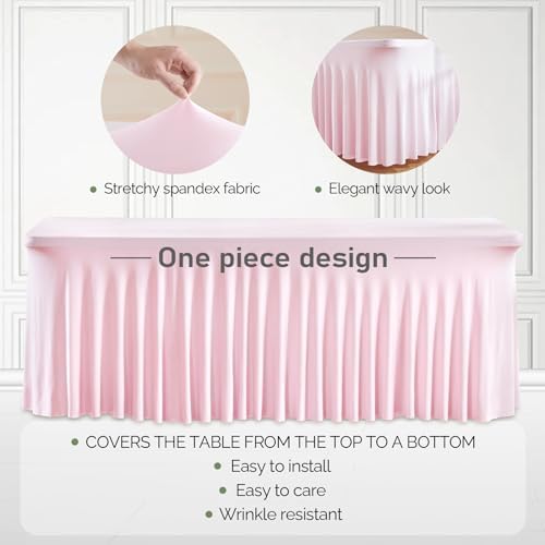 1 Pack Pink Table Clothes for 6 Foot Rectangle Tables, One-Piece Wrinkle Resistant Stretch Spandex Table Covers with Skirt for Event Banquet Wedding Birthday Party - Image 2