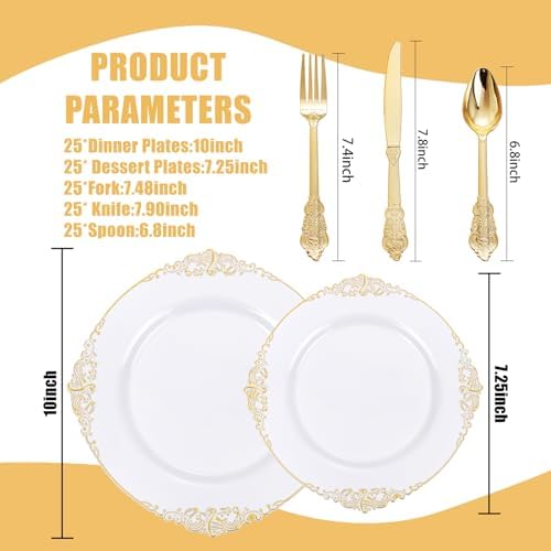 125PCS White and Gold Plastic Plates for Wedding and Party - Image 2