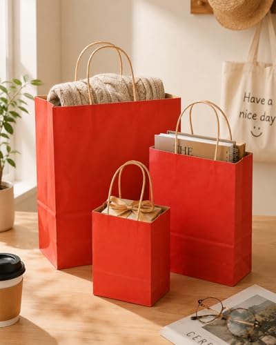 qiqee 100PCS Gift Bag with Handles Bulk Kraft Red Paper Bags Assorted Sizes(33pcs Large 13",33pcs Medium 11",34pcs Small 8") - Image 6