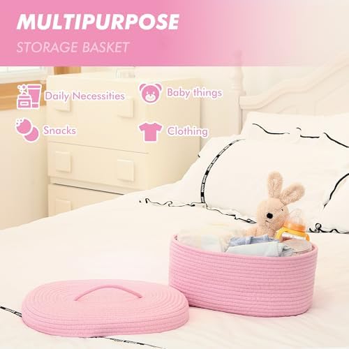 Sea Team Oval Storage Basket, Woven Cotton Rope Basket with Lid, Pink - Image 2