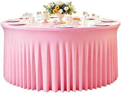 GALLETY 132inch Pink Round Tablecloth, Circle Stretch Table Cloths for 6 FT Tables, Wrinkle Free Round Table Skirt for Wedding Birthday Photography Party Social Events Engagement Party Decorations by Creativepartyuniquedecorat