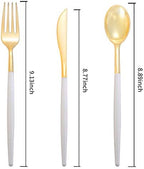 I00000 144 Gold Plastic Silverware, Disposable Silverware with White Handle - Image 5