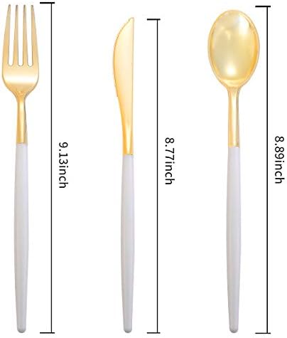 I00000 144 Gold Plastic Silverware, Disposable Silverware with White Handle - Image 5