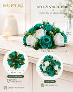NUPTIO Flower Wedding Centrepieces for Tables - 6 Pcs 9.5in Diameter Teal & White Artificial Flowers Rose Ball for Centerpieces Table - Fake Rose Arrangements for Weddings Birthday Party Decorations - Image 5