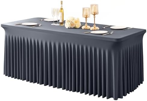 1 Pack Grey Table Clothes for 8 Foot Rectangle Tables, One-Piece Wrinkle Resistant Stretch Spandex Table Covers with Skirt for Event Banquet Wedding Birthday Party by PartyTalk