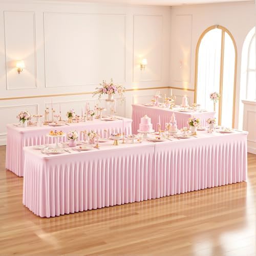 6ft Pink Spandex Tablecloths for Rectangle Tables Wrinkle Free Pink Table Cloth Rectangle Stretch Fitted Table Cover with Skirt for Baby Shower Girl Birthday Party Wedding Banquet Buffet Event - Image 6