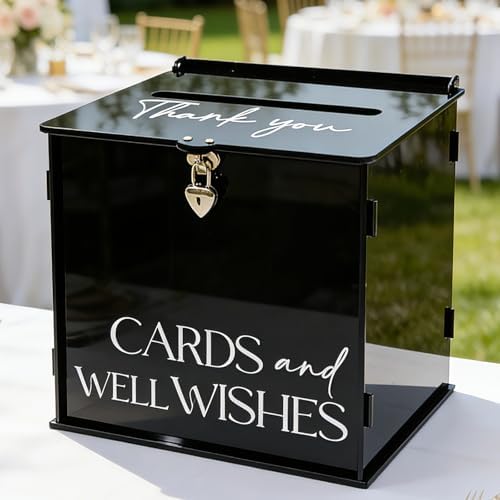 Black Acrylic Card Box with Lock & Slot, Gothic Wedding Card Boxes for Reception, Elegant Money Envelop Gift Cards Box for Party Wedding Birthday Baby Shower Graduation Table Decor by SOFARKKTPARTYCARDBOX