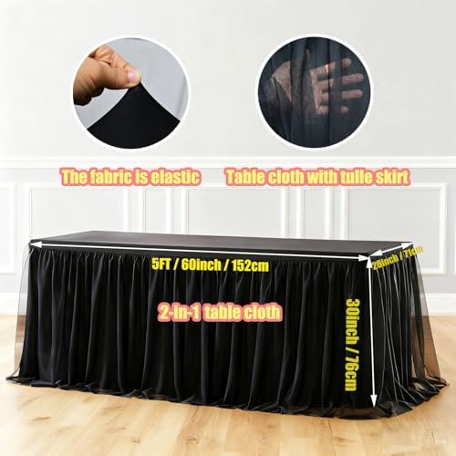 2-Pack Black 2-in-1 Tulle Tablecloth for 5-Foot Rectangular Table - Image 2