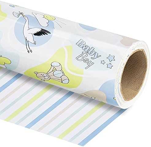 WRAPAHOLIC 30 Inch Reversible Wrapping Paper - 24 inch X 65.6 feet Jumbo Roll Baby Boy Design, Perfect for Kids Birthday, Party, Holiday, Baby Shower Packing by WRAPAHOLIC