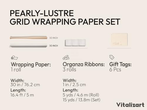 Vitalizart White Metallic Grid Wrapping Paper Set 30" Ogranza Ribbon & Tags - Image 2