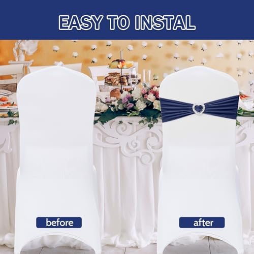 Pack of 60 Spandex Chair Sashes Bows Stretch Chair Cover Band with Buckle Slider Universal Elastic Chair Ties for Wedding Banquet Party Event Decoration (Navy) - Image 4
