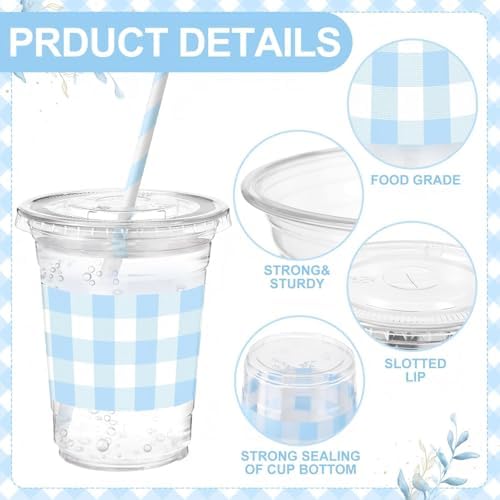 Sliner 50 Sets 16oz Light Blue White Gingham Party Plastic Cups - Image 2
