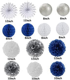 Navy Blue White Silver Paper Garland with Paper Lanterns Fan,Tissue Flower Pom Poms Streamers,Honeycomb Balls,Graduation Men Birthday Wedding Baby Bridal Shower Decor - Image 6