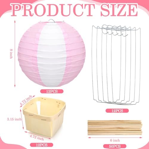 Rossesay 12 Sets Hot Air Balloon Decorations DIY Paper Lanterns Baby Shower Table Centerpieces Wooden Basket with Sticks for Gender Reveal, First Birthday Party, Wedding, Graduation(Pink) - Image 2