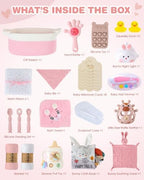 Baby Shower Gifts for Girls, 26 Piece Deluxe Baby Gift Basket - Baby Girl Gift Basket with Bunny Night Light, Electric Nail Trimmer, Bath Towe, Rattle & Milestone Cards for New Mom(Pink) - Image 2