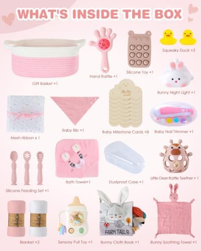 Baby Shower Gifts for Girls, 26 Piece Deluxe Baby Gift Basket - Baby Girl Gift Basket with Bunny Night Light, Electric Nail Trimmer, Bath Towe, Rattle & Milestone Cards for New Mom(Pink) - Image 2