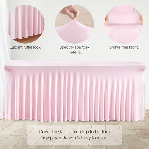 Wish Care 2 Pack Pink Spandex Table Clothes for 4 Foot Rectangle Tables, 4FT Wrinkle Free Fitted Tablecloths Ruffles Design Table Cover for Party, Banquet, Wedding and Events - Image 2