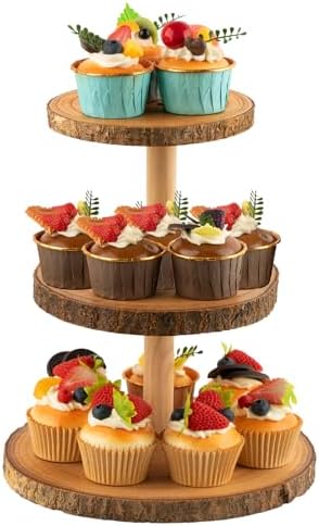Rustic 3-Tier Wooden Cupcake Stand & Cake Tower – Natural Paulownia Wood Tiered Display for Weddings, Parties, Baby Showers, Holidays (Farmhouse Décor, Handcrafted Bark Design) by Gusnilo