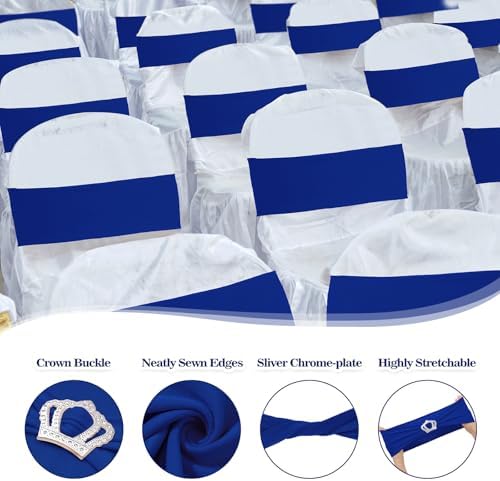 VitalCozy 100 Pcs Spandex Chair Sashes with Crown Buckle,Royal Blue - Image 3