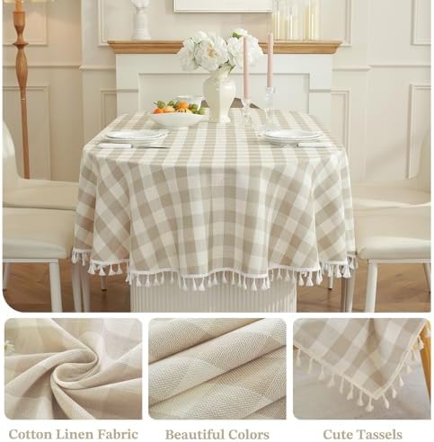 Laolitou Checkered Oval Tablecloth Washable Buffalo Plaid Cotton Linen Gingham Table Cover with Tassel for Picnic Kitchen Dining Room, Beige, 60 x 84 Inch - Image 3