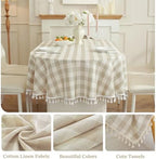 Laolitou Checkered Oval Tablecloth Washable Buffalo Plaid Table Cloth with Tassel Cotton Linen Gingham Table Cover for Picnic Kitchen Dining Room, Beige, 60 x 102 Inch - Image 3
