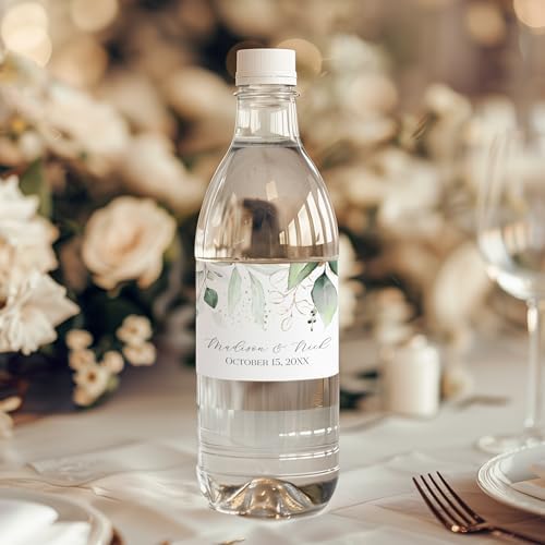 Personalized Water Bottle Labels with Choice of 30 Flower Styles - Choose Font and Pre-Made Phrases or Design Custom Text - LABELS ONLY (003 Green and Gold Leaves, 2 inch (8.5x2")) - Image 2