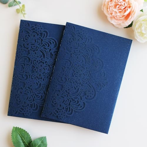 Hosmsua 50PCS Navy Blue Laser Cut Wedding Invitation Pocket, 5.12 x 7.2 Flora Invitation Pockets with Envelopes for Wedding Bridal Shower Sweet 16 Invite (No Inner Sheet) - Image 3
