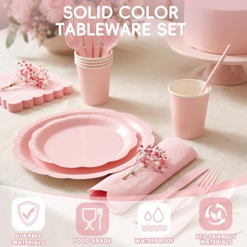 350 Pcs Light Pink Party Plates Cups and Napkins Set, Disposable Paper Dinnerware Set with 9” & 7” Plates, Cups and Napkins for Baby Shower, Bridal Shower, Tea Party, Christmas Party - Image 5