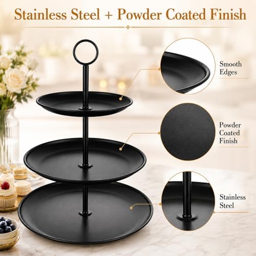 YOUNTHYE Black Cupcake Stand 3 Tier, Stainless Steel Tiered Dessert Stand for Wedding, Birthday, Tea Party, Holiday Dessert Table, Serving Tray for Cupcakes, Cookies, Macarons and Fruit - Image 5