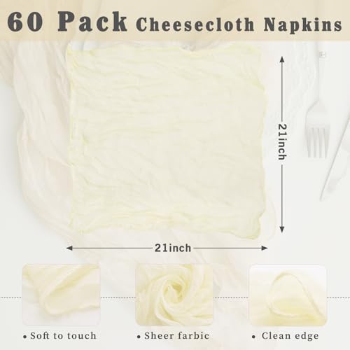 Beige 60 Pack Cheesecloth Napkins Washable 21x21 Inches Beige Cloth Napkins Set of 60 Dinner Table Napkins for Wedding Summer Bridal Baby Shower Rustic Boho Cotton Gauze Party Table Decor - Image 3