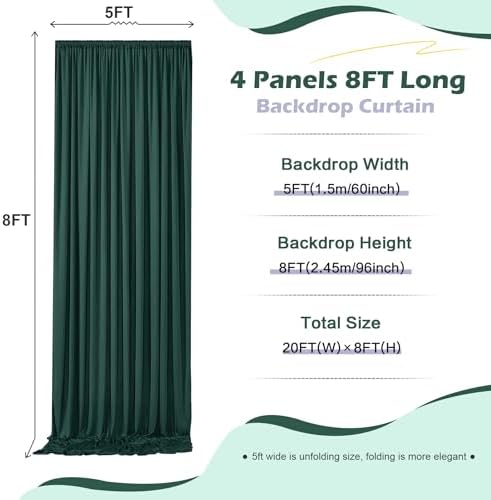 20ft x 8ft Wrinkle Free Hunter Green Backdrop Curtain for Jungle Parties, 4 Panels 5×8ft Soft Silky Green Polyester Photo Backdrop Drapes for Wedding Birthday Photography Christmas Background Cloth - Image 5